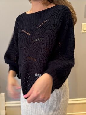 Open-Knit Black Crewneck Sweater — Lightweight Crochet Pullover